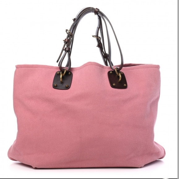 Bottega Veneta Handbags - Bottega Veneta Pink Canvas Tote with Dark Brown Leather Handles